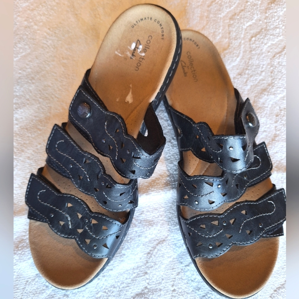 Clarks Womens Laurieann Echo black leather comfort sandals women's size 9.5 - Picture 2 of 13